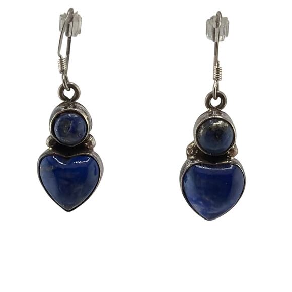 Lapis Lazuli Mexican Silver Earrings - Reveka Rose Vintage Sterling Silver Heart Shaped Lapis Lazuli Earrings